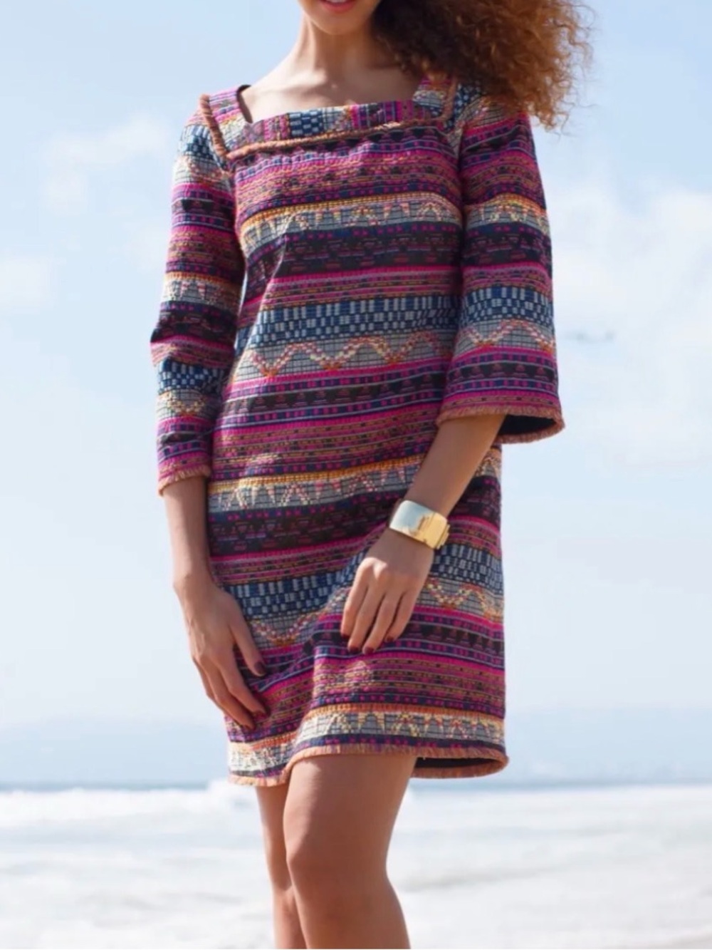 Trina Turk Boho Statement Designer Woven Geometric Mod Shift Mini Dress Sz 12
